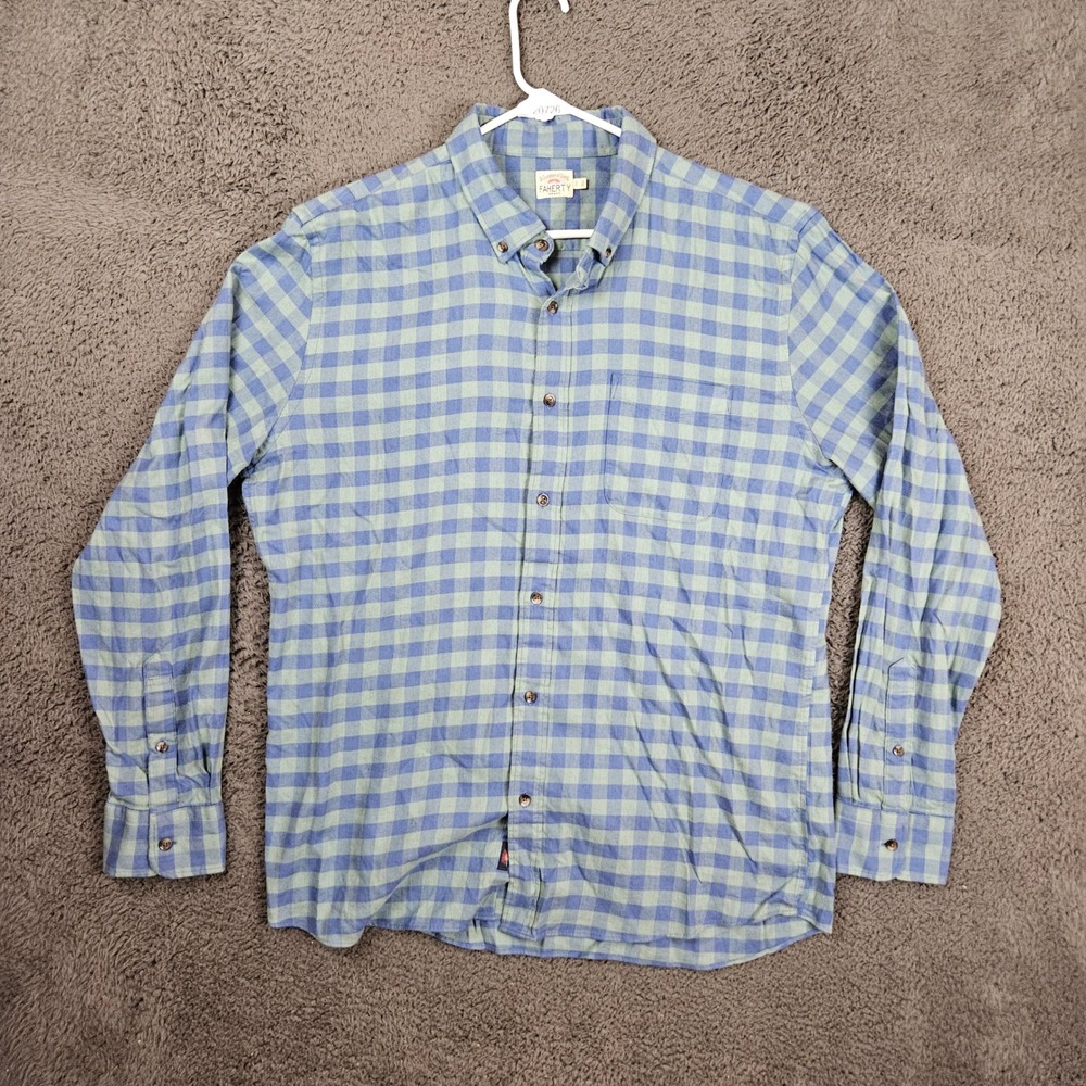 Faherty Mens XL Shirt Blue Green Gingham Check Stretch Button Up MWF2309